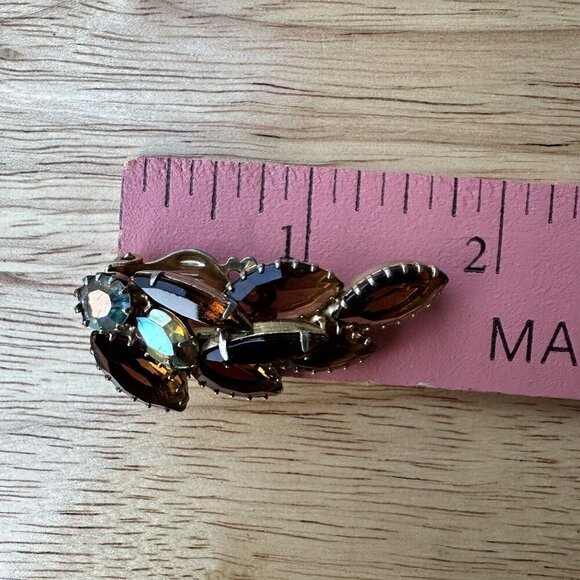 VTG Statement‎ Earrings 1.75" Match 4" Brooch AB Rhinestone Topaz Glass Navettes - Picture 8 of 9